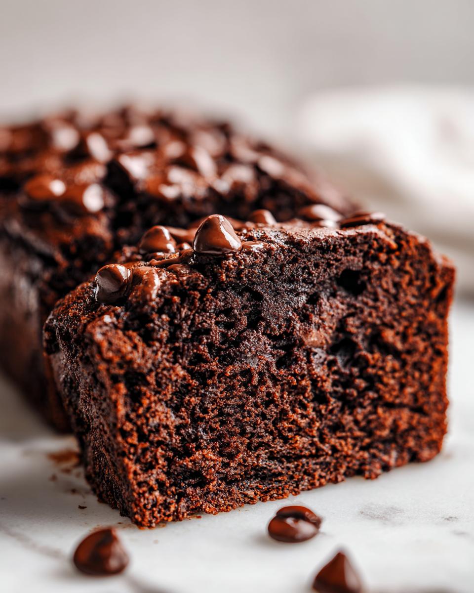 Close-up of a rich, dark slice of chocolate banana bread topped with melted chocolate chips.