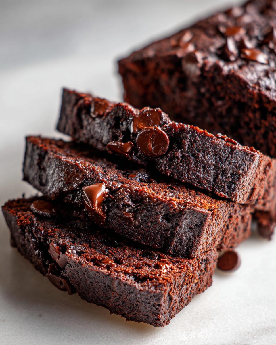 Close-up of stacked, moist slices of dark chocolate banana bread topped with melted chocolate chips.