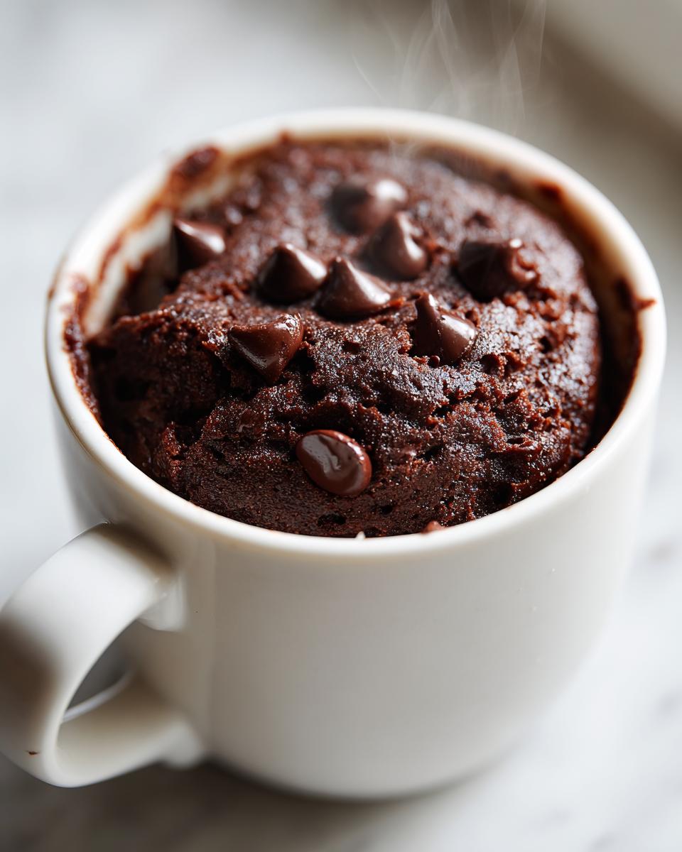 Close-up of a rich, dark chocolate chip mug cake steaming slightly in a white ceramic mug.