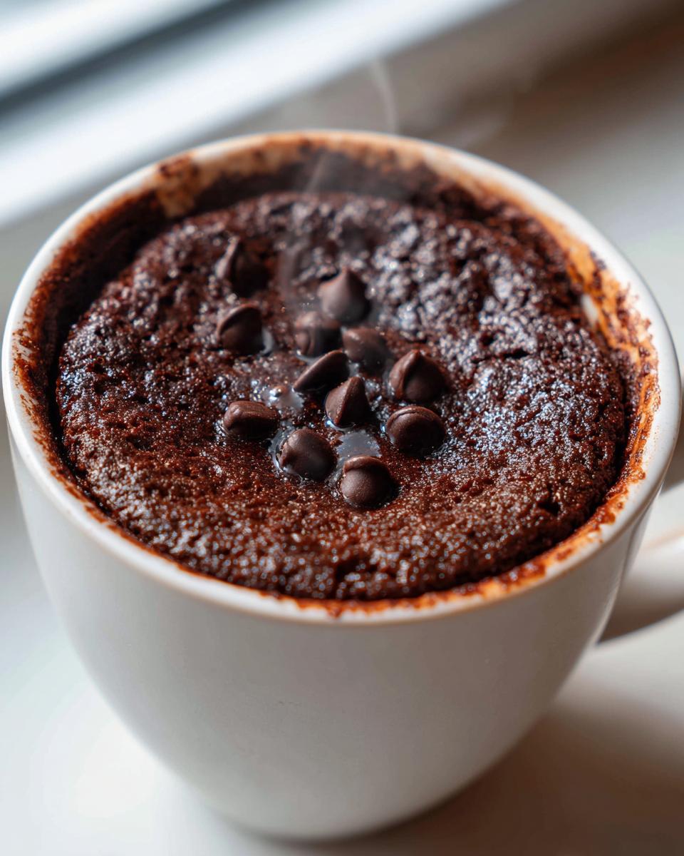 Close-up of a hot, moist chocolate mug cake topped with melting chocolate chips.
