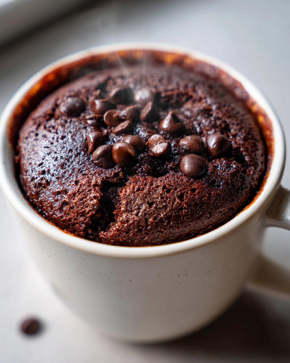 Close-up of a moist, dark chocolate mug cake topped with melted chocolate chips, steaming slightly.
