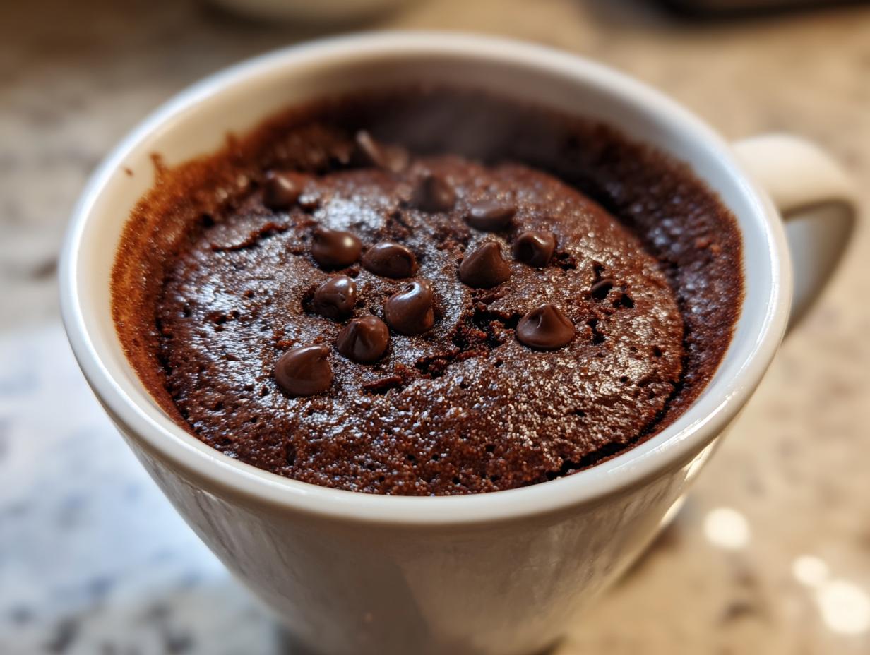 Close-up of a freshly baked, moist chocolate mug cake topped with chocolate chips.