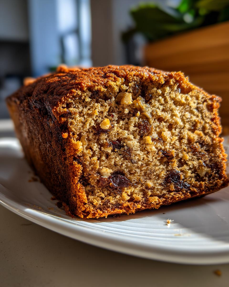 A close-up, cross-section view of a slice of moist date nut bread showing visible dates and walnuts.