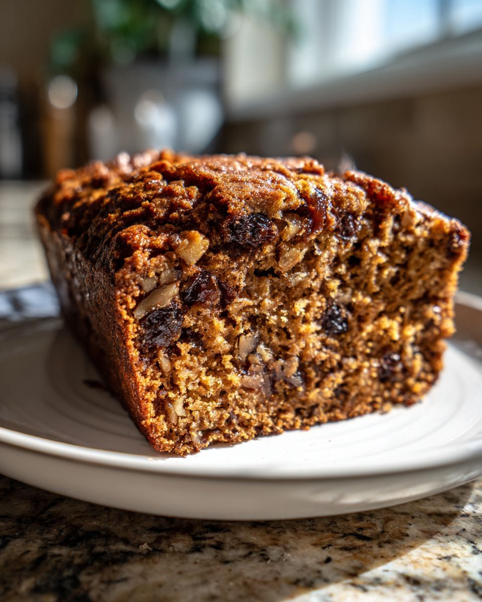 Close-up of a freshly baked slice of date nut bread showing rich texture, dates, and walnuts.
