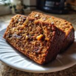 Two moist slices of rich brown date nut bread showing visible nuts and dates, served on a white plate.