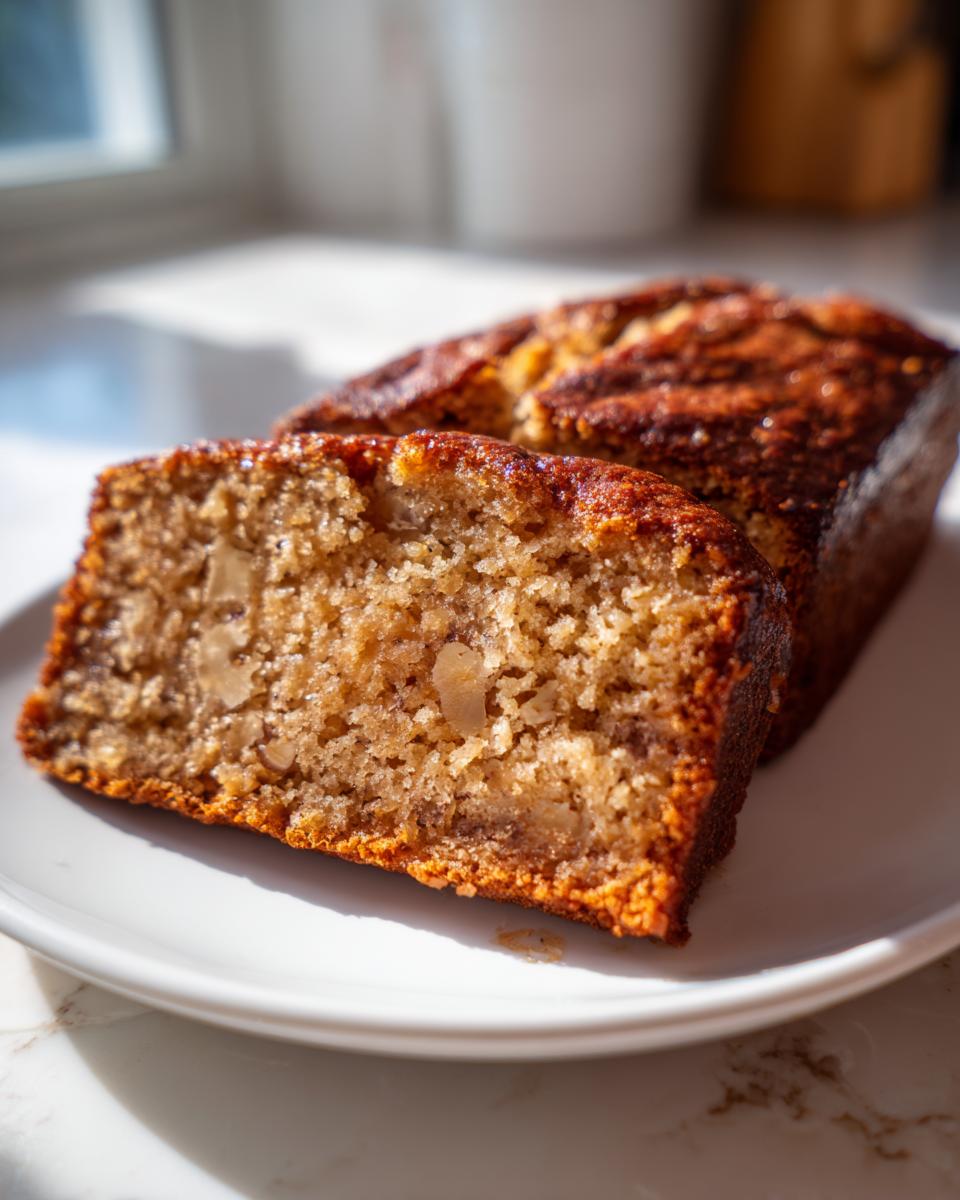 Close-up of a moist slice of sugar free banana bread showing a tender crumb and visible nuts.
