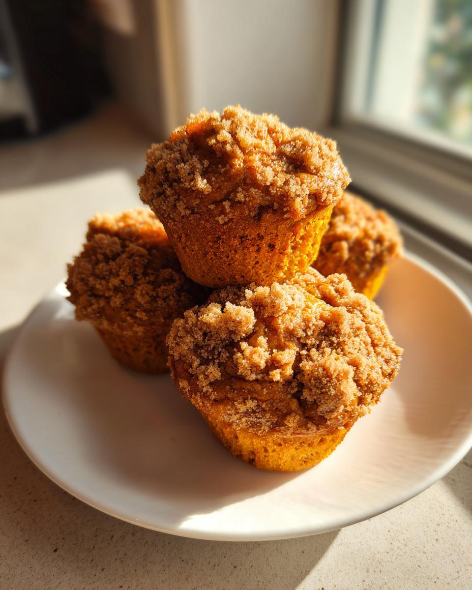 A stack of four moist sweet potato muffins topped with a generous brown sugar streusel, sitting on a white plate.