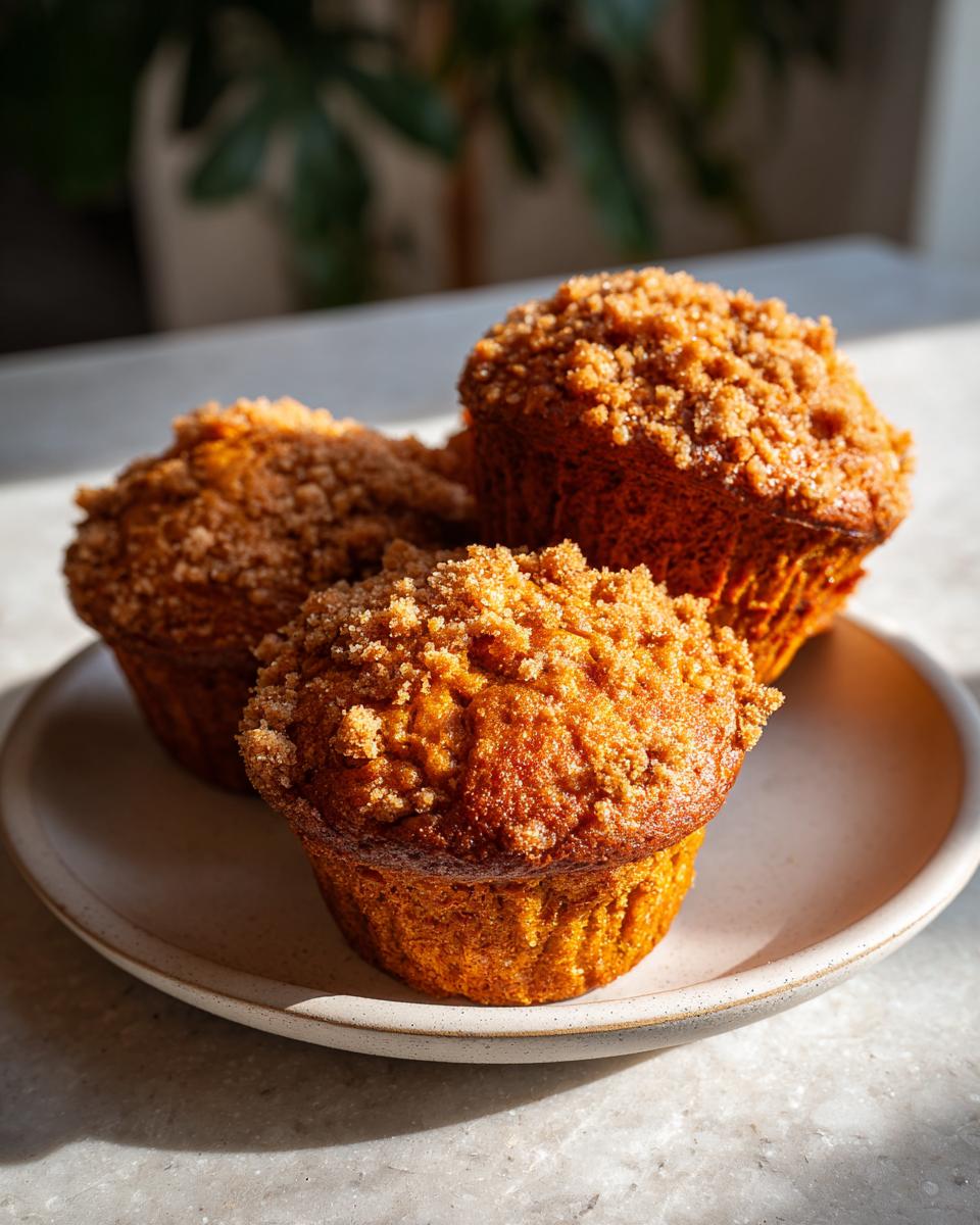 Three moist sweet potato muffins topped with a generous brown sugar crumb topping, resting on a light plate.