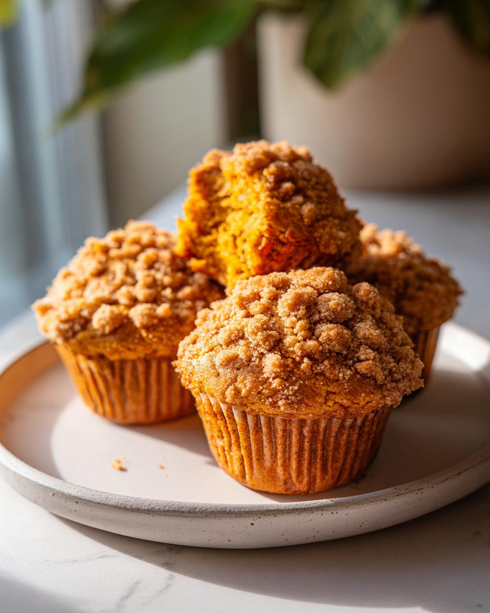 Four moist sweet potato muffins stacked on a plate, featuring a thick, sugary crumb topping.