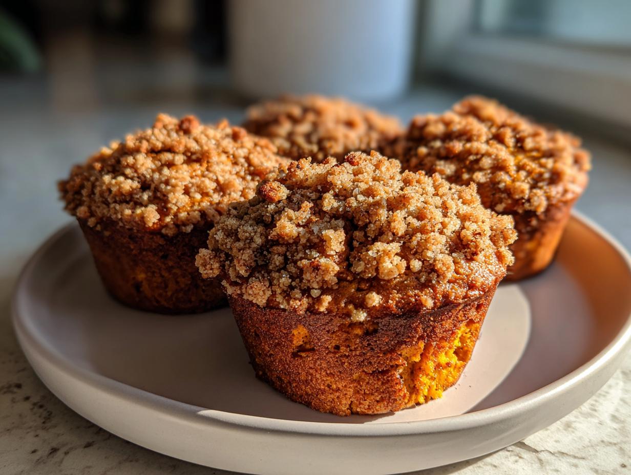 Four moist sweet potato muffins topped with a thick layer of cinnamon streusel crumb topping, sitting on a light plate.
