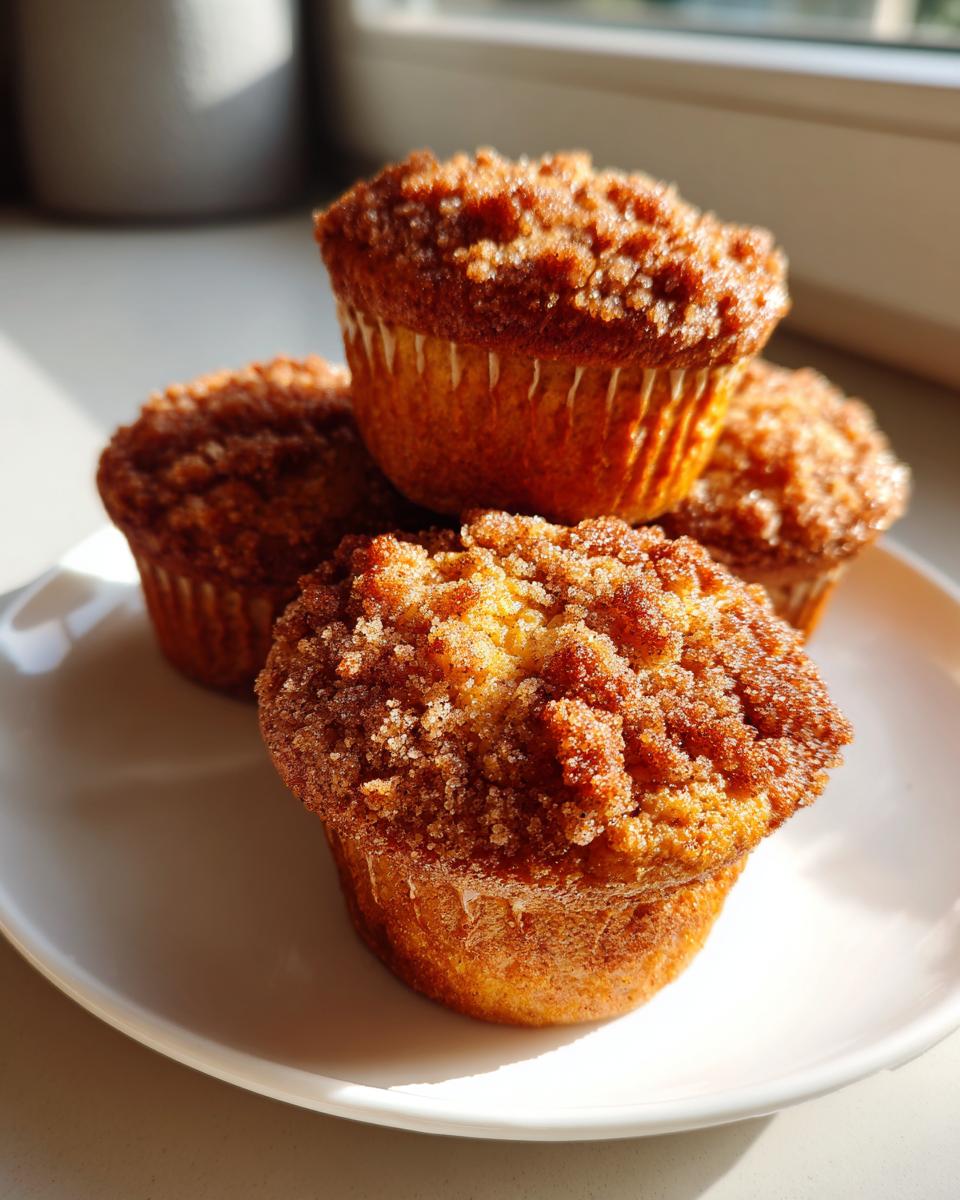 A stack of four moist sweet potato muffins topped with a thick, sugary cinnamon streusel, sitting on a white plate.