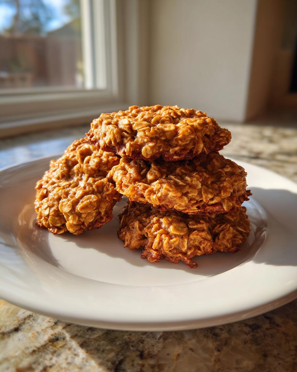 A stack of four golden brown, textured breakfast cookie made with visible oats, sitting on a white plate near a window.