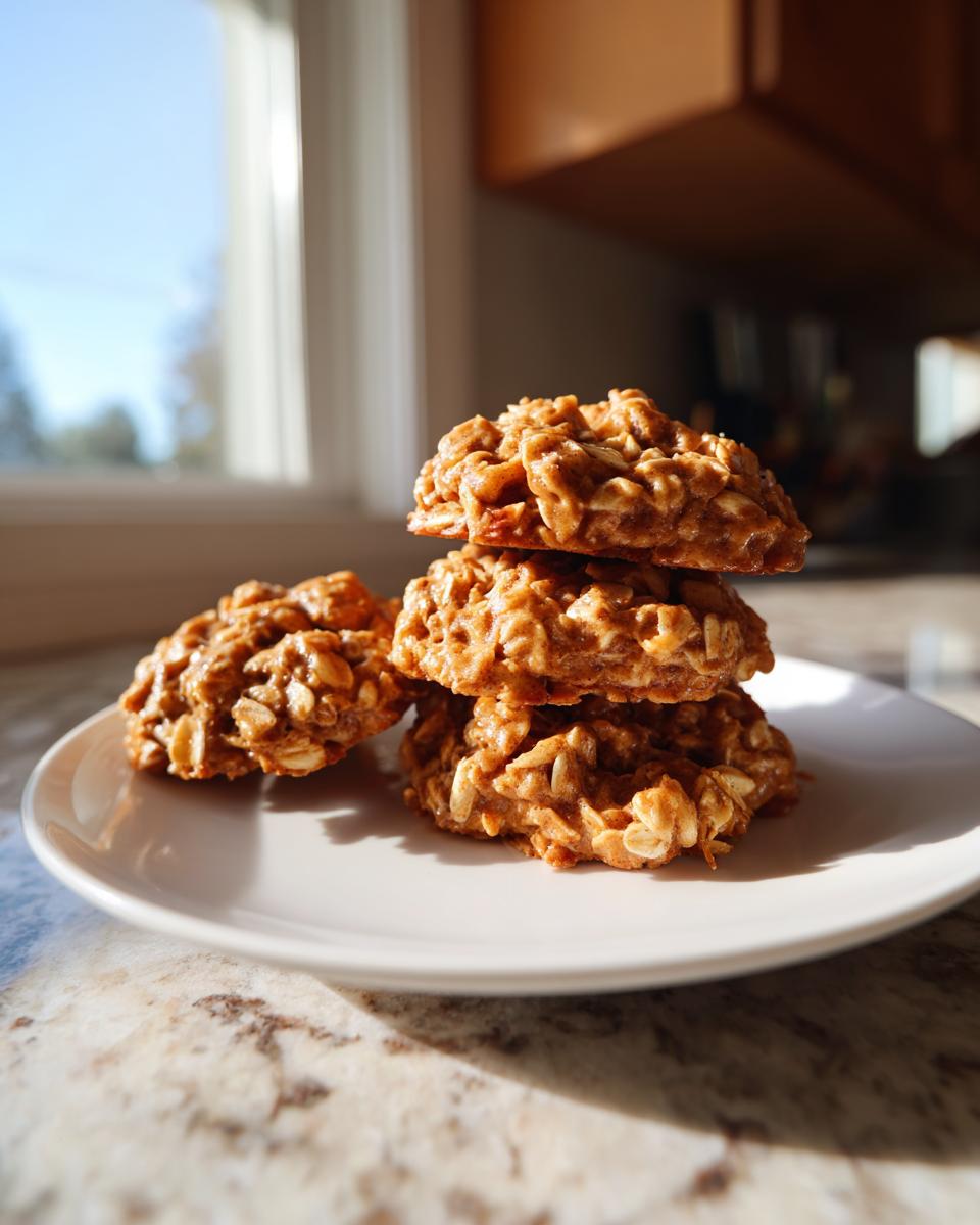 A stack of three no-bake breakfast cookie treats made with oats, sitting on a white plate near a bright window.
