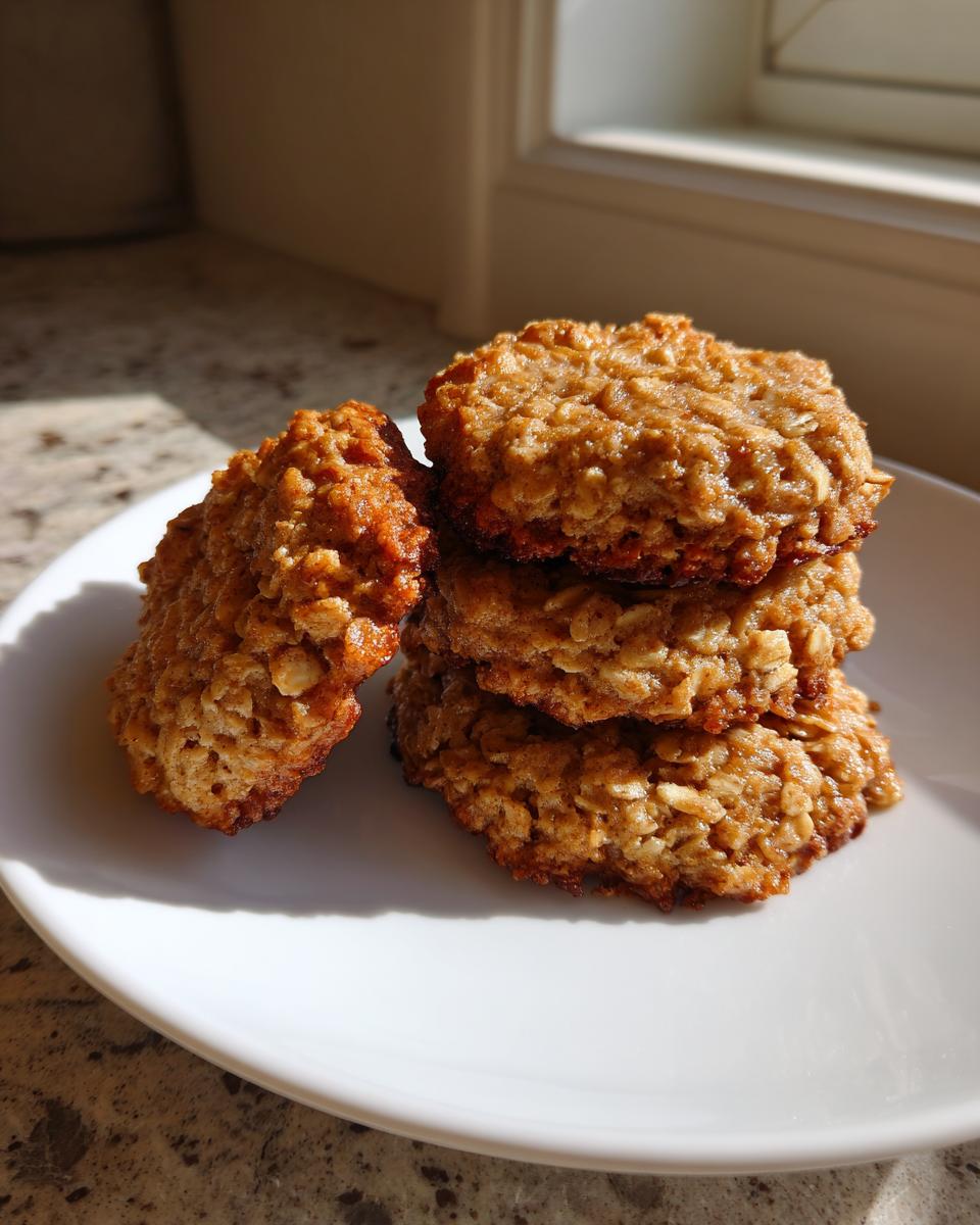 A stack of four golden brown, textured breakfast cookie oat clusters sitting on a white plate.