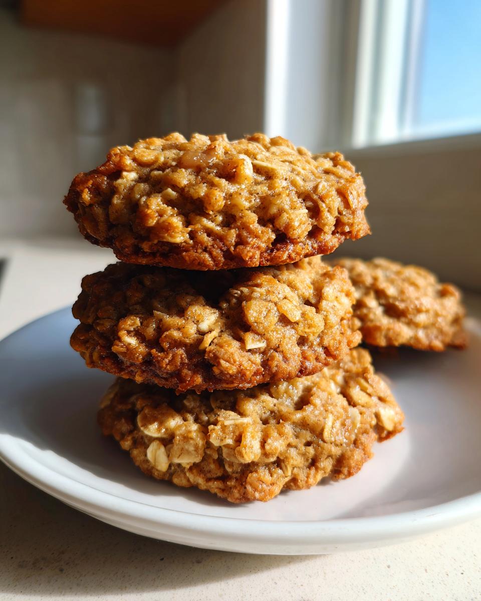 A stack of three golden, chewy oatmeal breakfast cookie treats resting on a white plate.