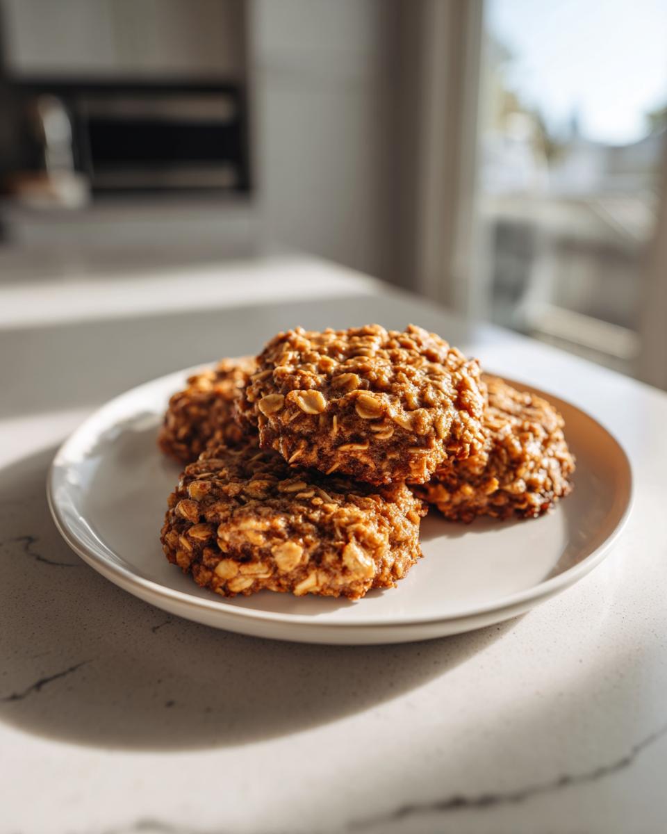 A small stack of four chewy, golden brown oatmeal cookie treats resting on a white plate.