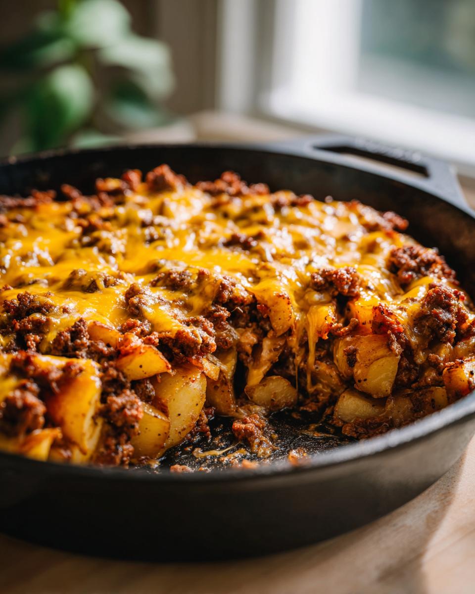 Close-up of Cheesy Taco Potatoes with seasoned ground meat and melted cheddar cheese in a black cast iron skillet.