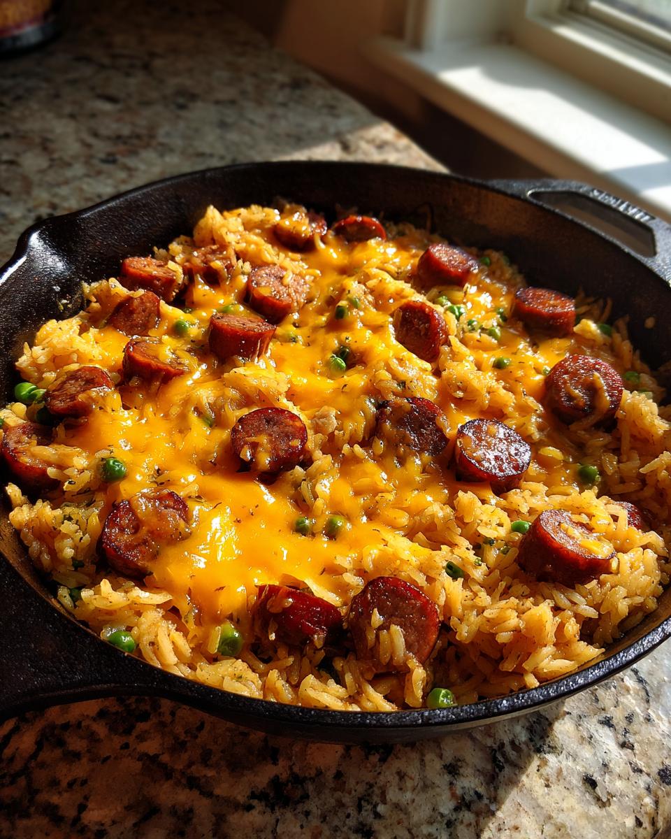 Close-up of cheesy sausage and rice casserole topped with sliced smoked sausage in a black cast iron skillet.