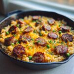 Close-up of a one-pot sausage and rice dish topped with melted cheddar cheese and green peas.