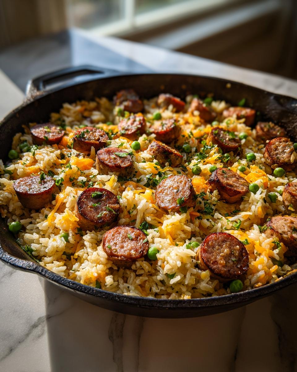 Close-up of one-pot sausage and rice dish featuring sliced, browned sausage, peas, and shredded cheese in a black skillet.