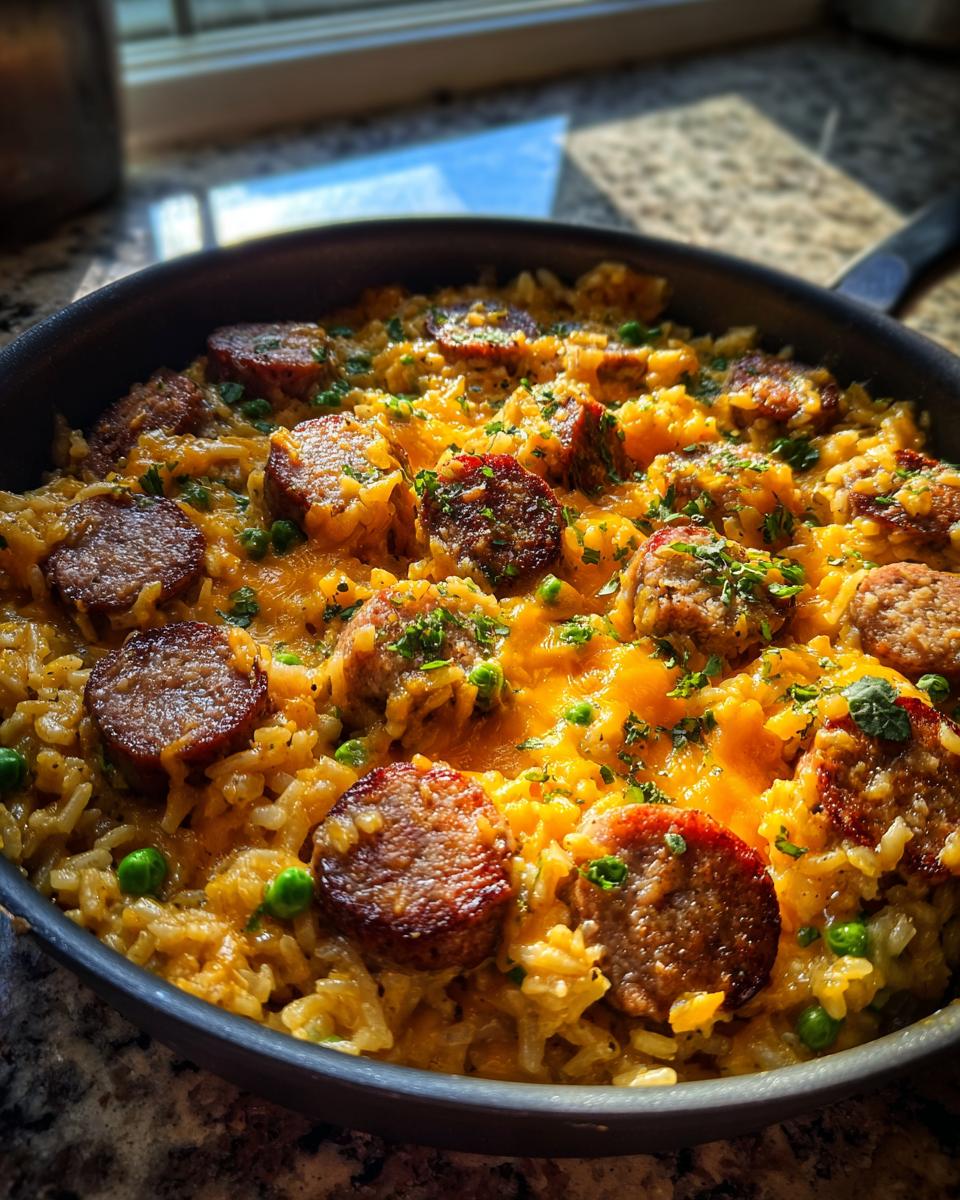 Close-up of a skillet filled with cheesy sausage and rice, topped with peas and fresh parsley.