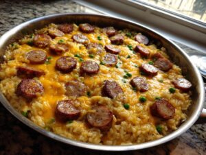 A close-up of a one-pot sausage and rice dish topped with melted cheddar cheese and green peas, served hot in a stainless steel skillet.