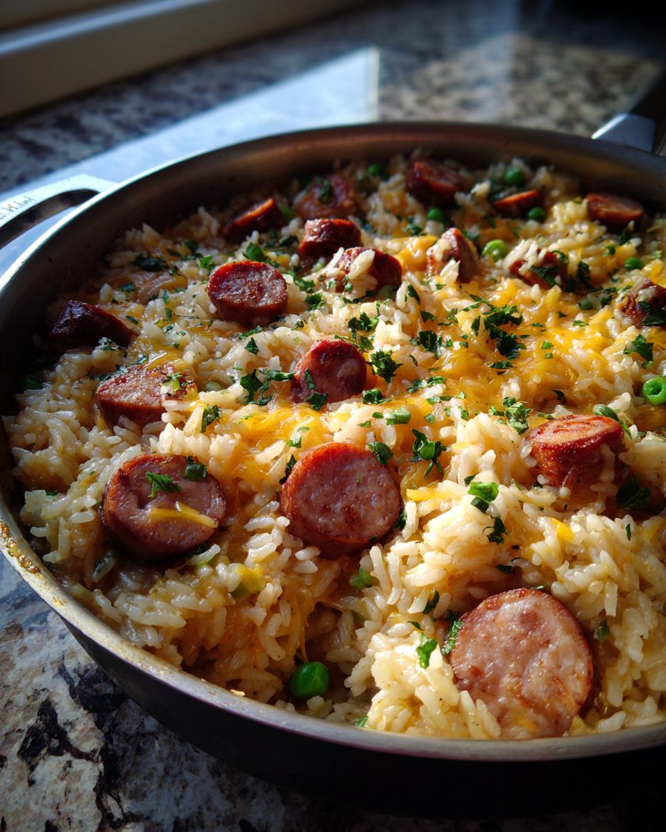 Close-up of a one-pot sausage and rice dish topped with melted cheese and parsley in a skillet.