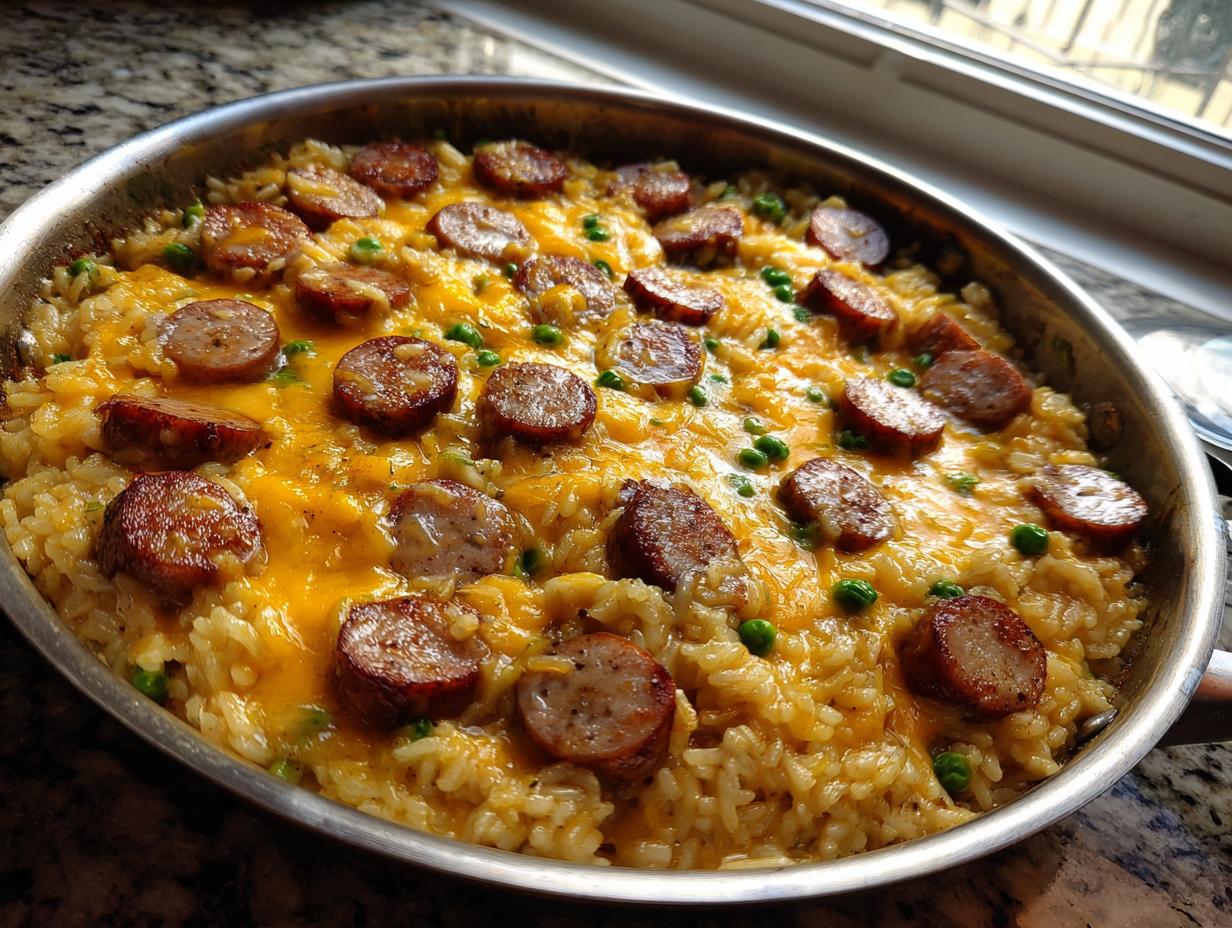 A close-up of a one-pot sausage and rice dish topped with melted cheddar cheese and green peas, served hot in a stainless steel skillet.