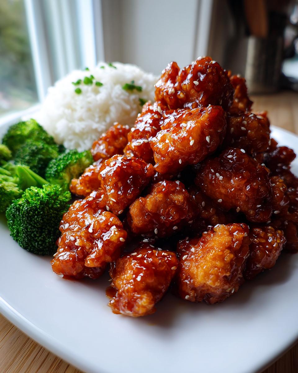 A plate piled high with crispy, glazed orange chicken recipe pieces, served with steamed rice and broccoli.