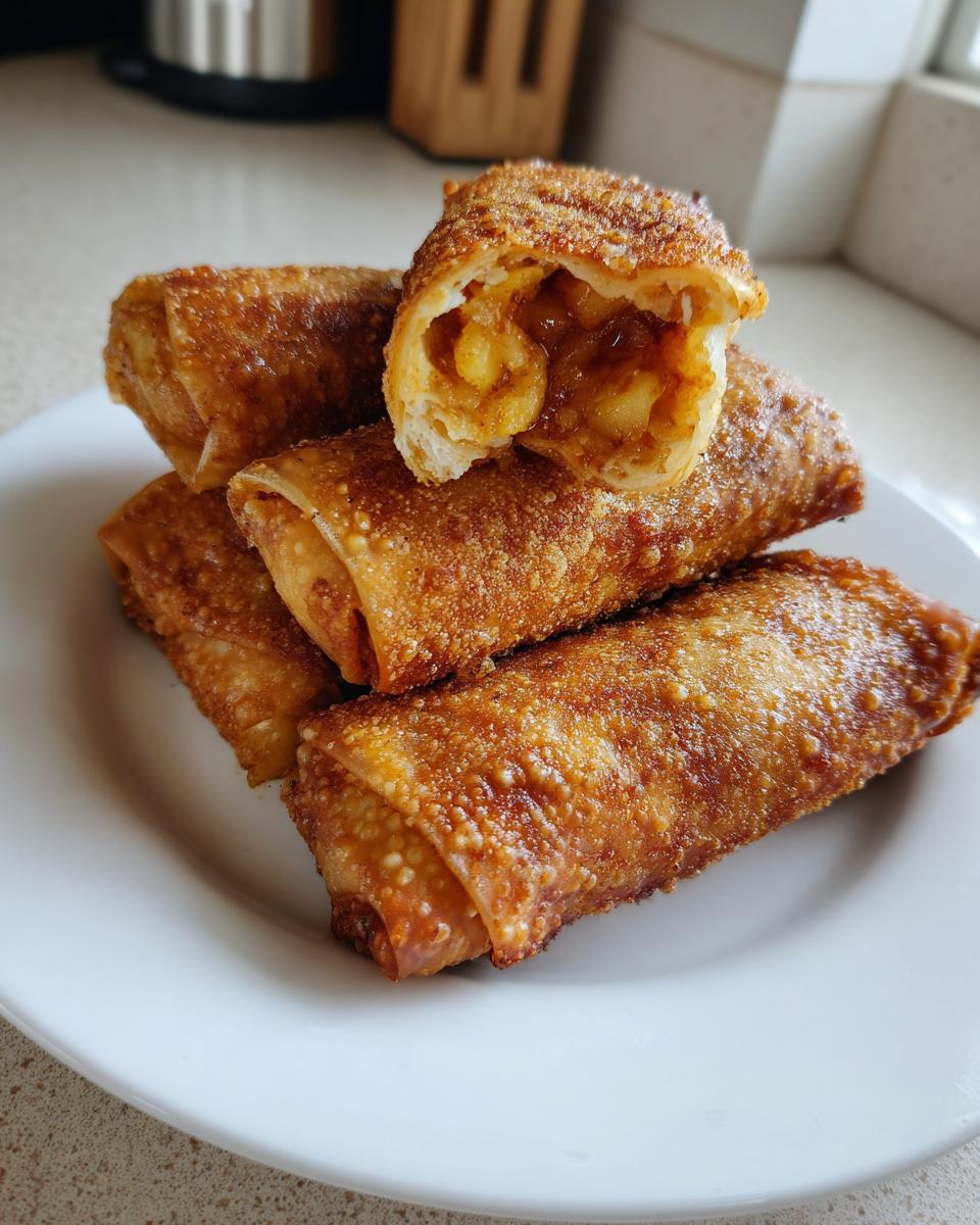 A stack of crispy, golden brown peach cobbler egg rolls, with one cut open showing the warm peach filling.