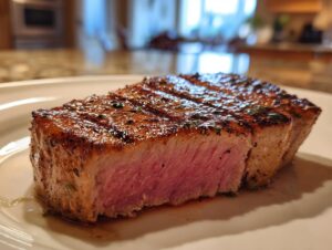 Close-up of a thick, perfectly seared tuna steak, cooked medium-rare, showing grill marks and herbs from the MARINADE FOR TUNA STEAK.