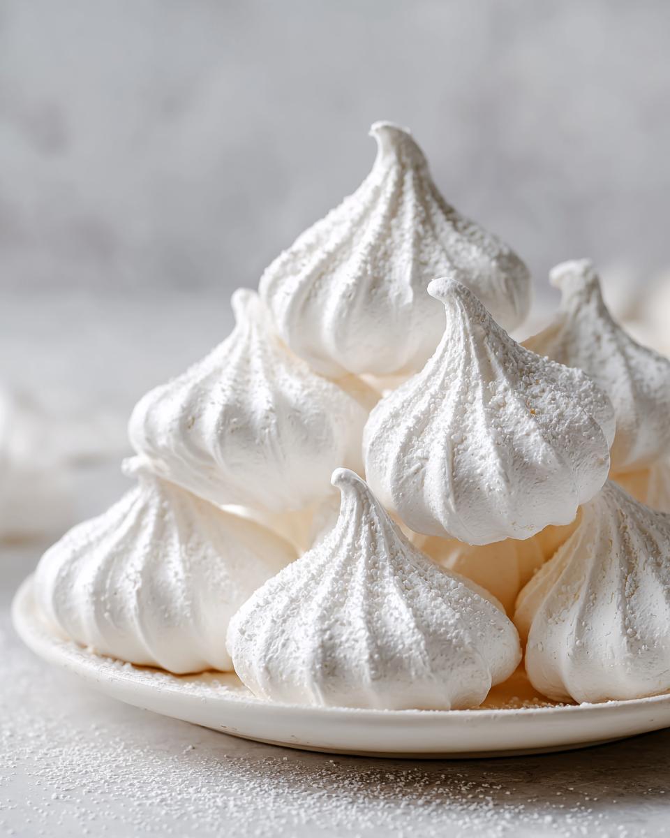 A close-up of several perfectly piped white meringue cookies stacked on a small white plate, lightly dusted with powdered sugar.