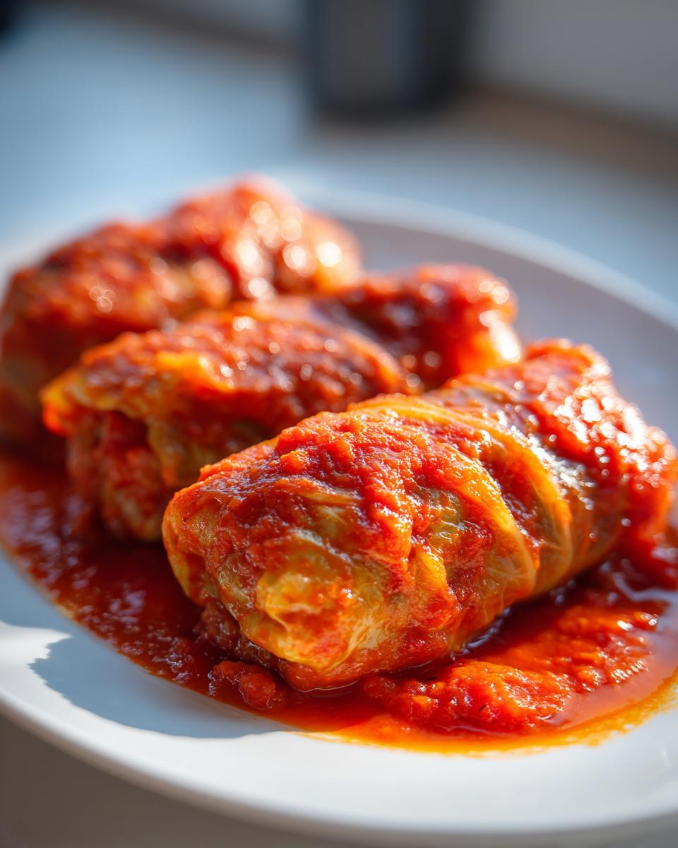 Close-up of three delicious cabbage rolls smothered in vibrant red tomato sauce, served on a white plate.