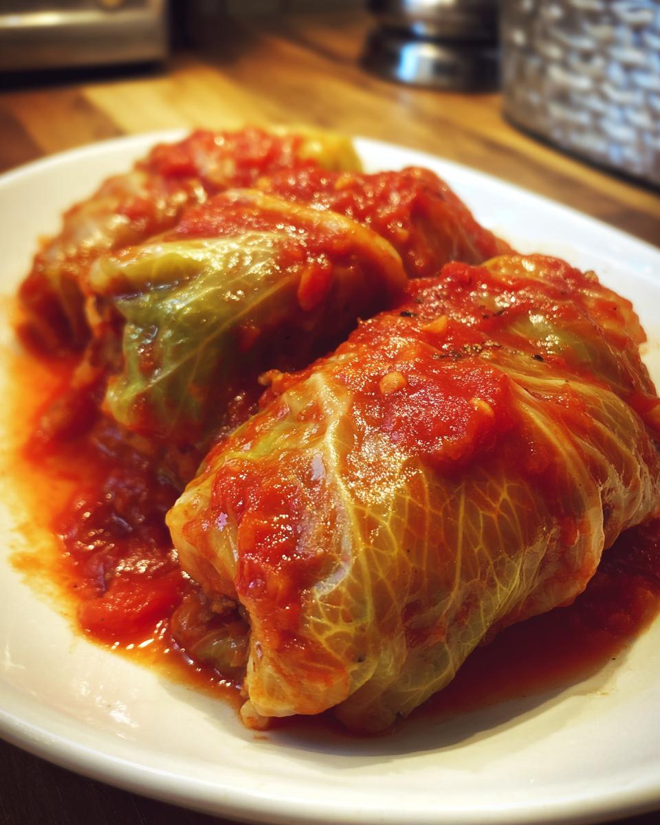 Close-up of three delicious cabbage rolls smothered in a thick, bright red tomato sauce on a white plate.
