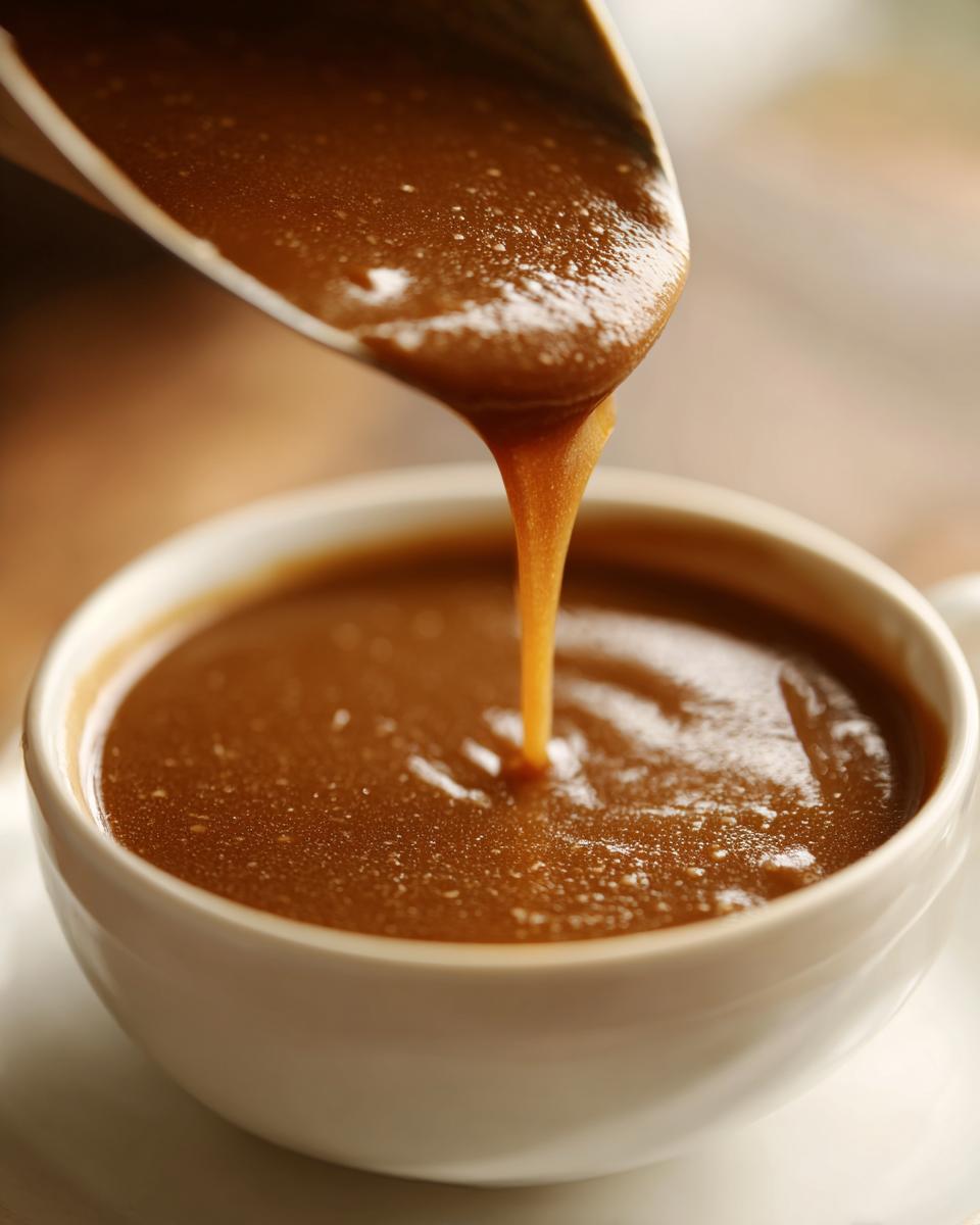 Close-up of thick, rich homemade brown gravy being poured from a ladle into a small white bowl.