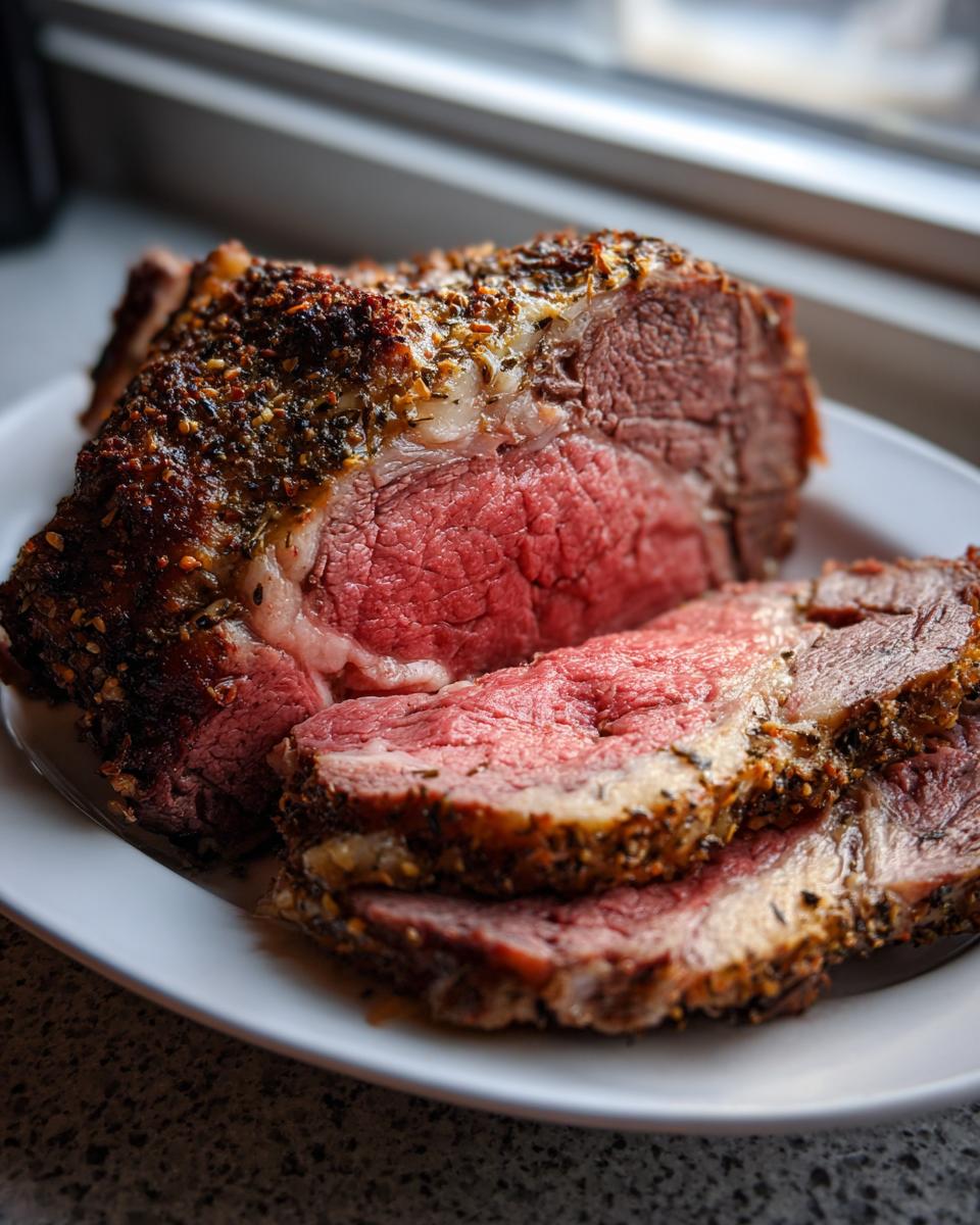 Close-up of a perfectly cooked prime rib recipe roast, showing a bright pink medium-rare center and seasoned crust, sliced on a white plate.