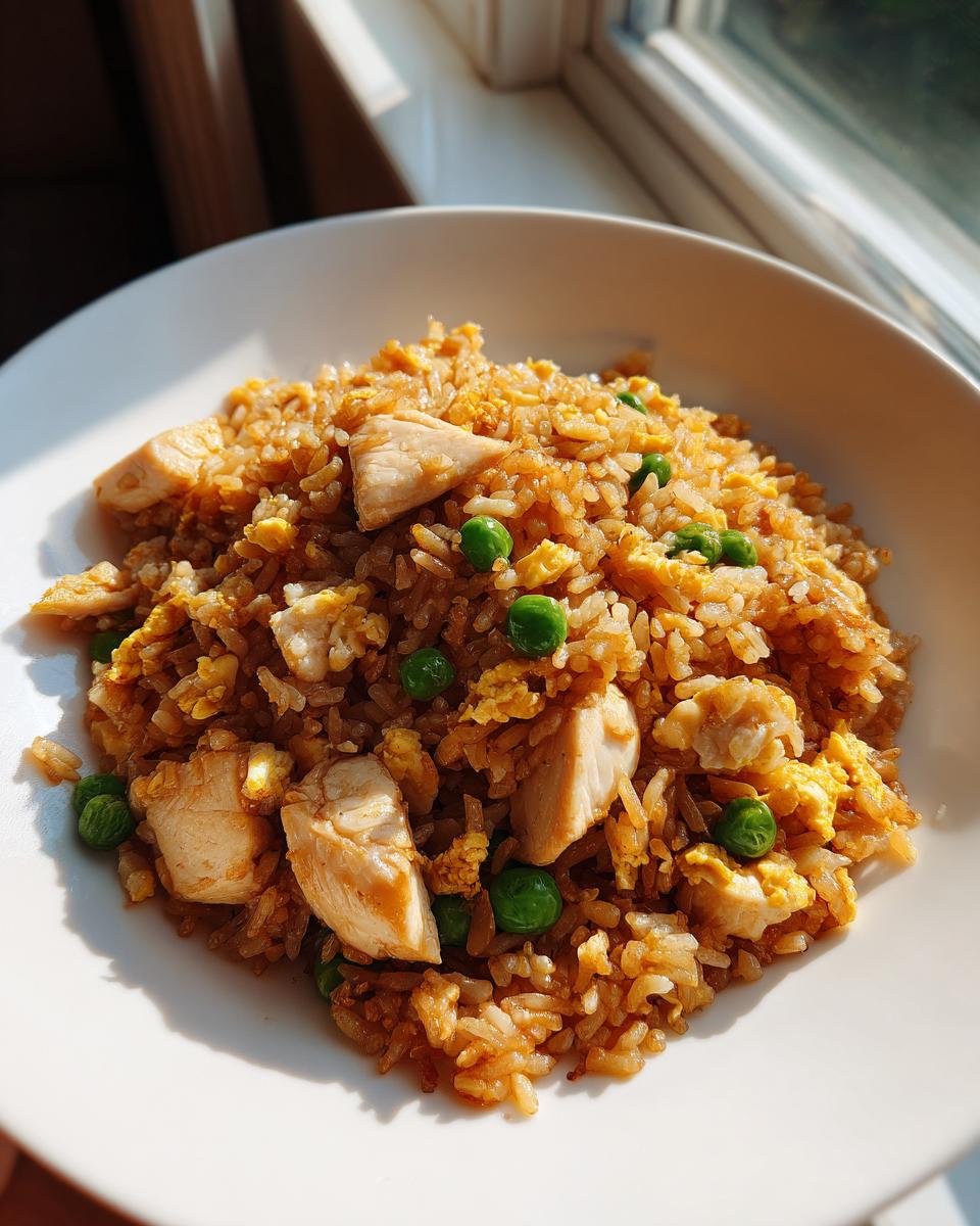 A close-up of a white bowl filled with savory chicken fried rice, featuring chunks of chicken, scrambled egg, and bright green peas.