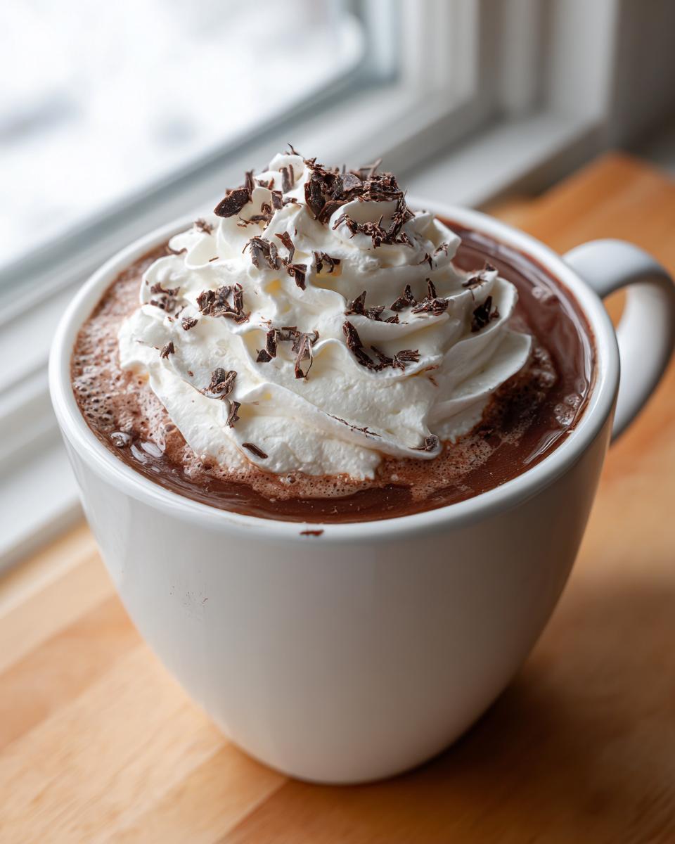 Close-up of a mug filled with rich hot chocolate, topped generously with whipped cream and dark chocolate shavings.