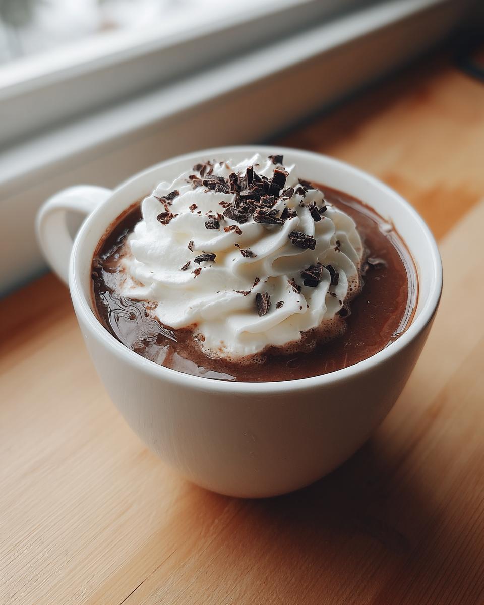 Close-up of a mug filled with rich hot chocolate, topped with a swirl of whipped cream and chocolate shavings.