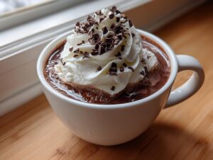 Close-up of a mug of rich hot chocolate topped with a swirl of whipped cream and dark chocolate shavings.