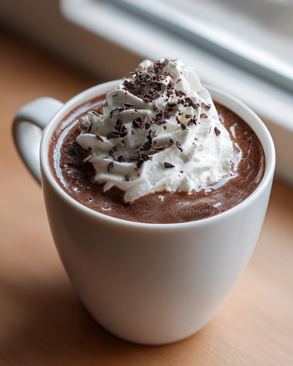 Close-up of a mug filled with rich hot chocolate, topped high with whipped cream and chocolate shavings.