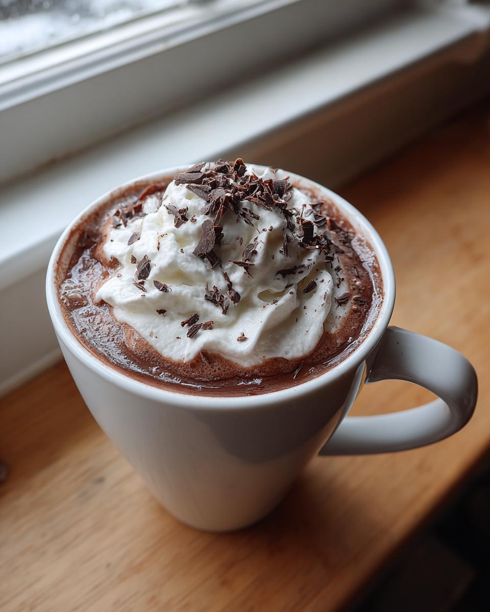 Close-up of a mug filled with rich hot chocolate, topped with whipped cream and dark chocolate shavings.