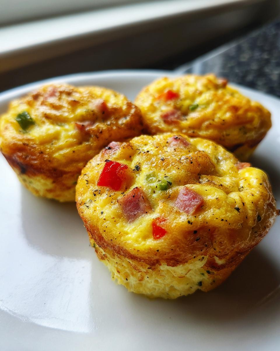 Close-up of three golden brown Egg Muffin Cups filled with visible pieces of ham, red pepper, and green pepper on a white plate.