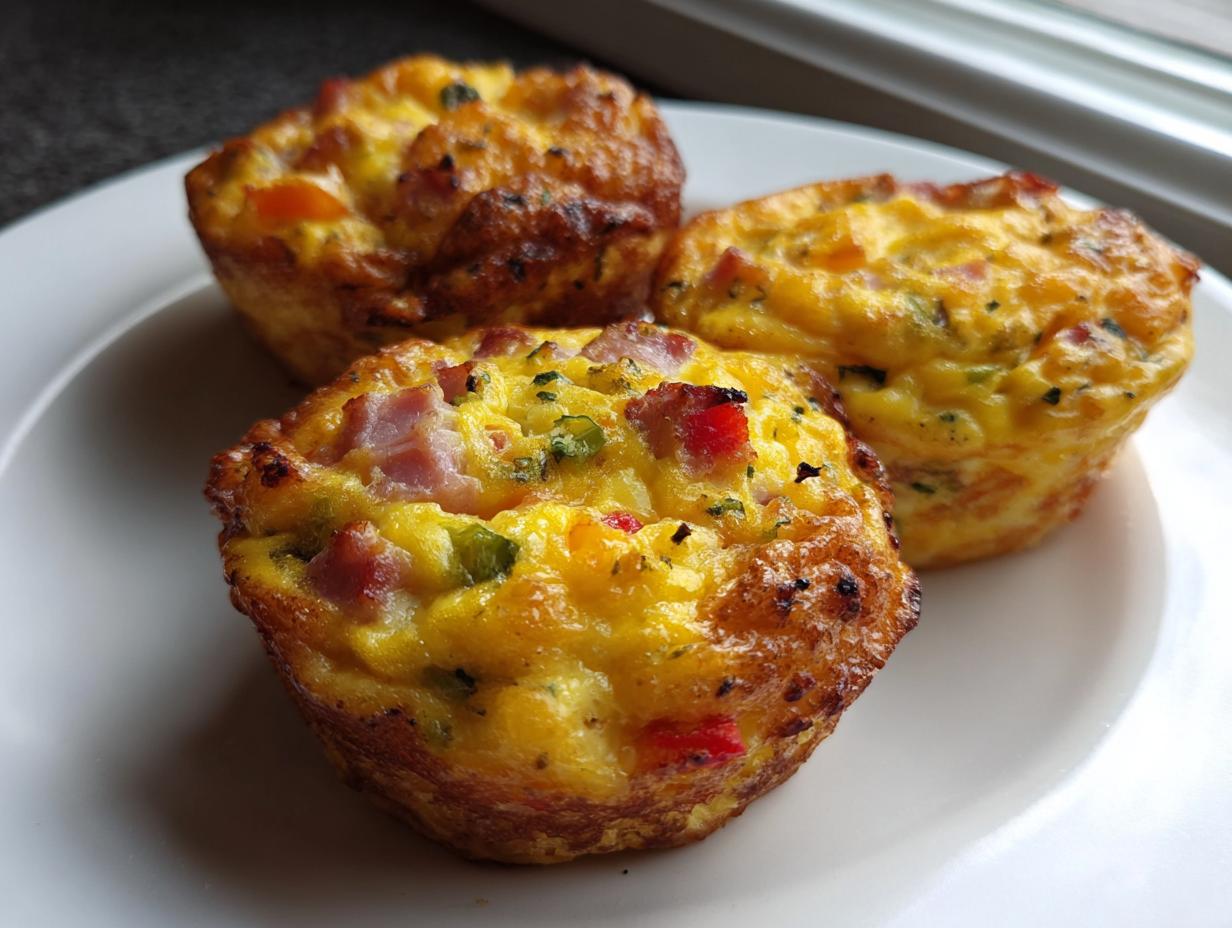 Close-up of three golden-brown Egg Muffin Cups filled with ham and colorful peppers on a white plate.