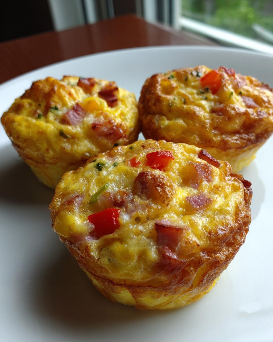 Close-up of three golden-brown Egg Muffin Cups filled with visible pieces of ham and red bell pepper.