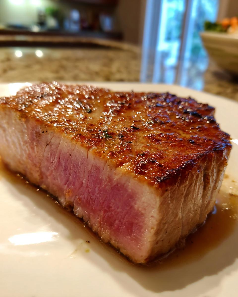 Close-up of a thick, perfectly seared tuna steak, showing a deep brown crust and a rare, pink center, resting in its juices.