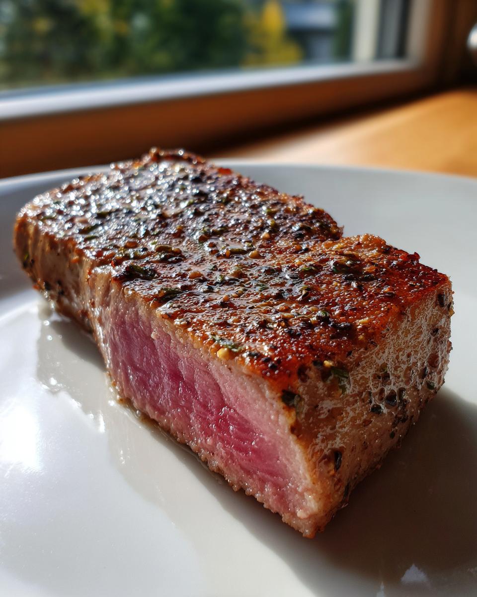 Close-up of a perfectly seared tuna steak, showing a deep pink rare center, coated in a flavorful MARINADE FOR TUNA STEAK.
