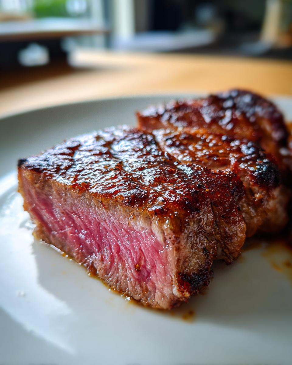 Close-up of a perfectly seared tuna steak, sliced to show a medium-rare pink center, prepared with a MARINADE FOR TUNA STEAK.