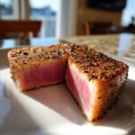 Two halves of a perfectly seared tuna steak showing a rare, pink center and a dark spice crust, ideal for a MARINADE FOR TUNA STEAK.