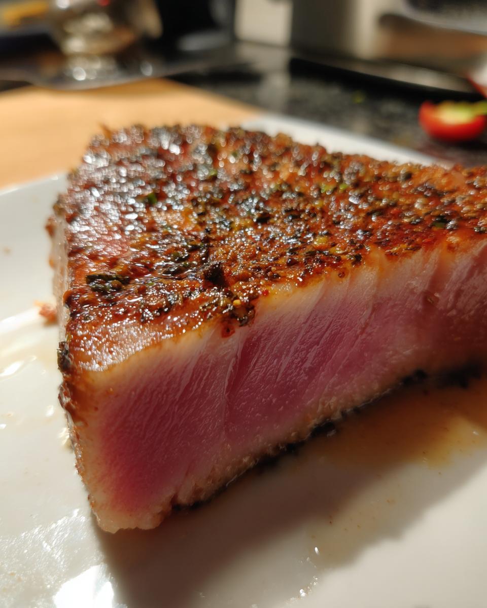 Close-up of a perfectly seared tuna steak, rare in the center, showing a dark, seasoned crust from the MARINADE FOR TUNA STEAK.